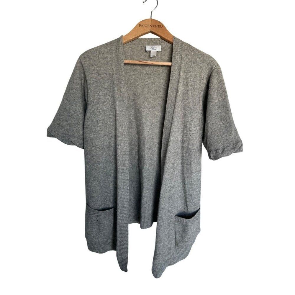 Ann Taylor Loft Cashmere Grey Open Short Sleeve Cardigan Sweater Pockets LG.